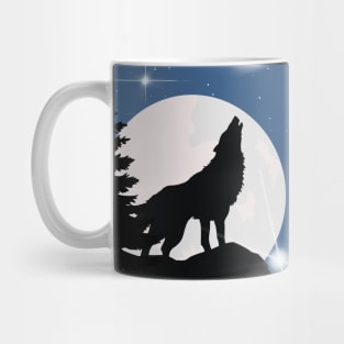 HOWLING WOLF IN THE WOODS UNDER NIGHT SKY AND STARS Mug